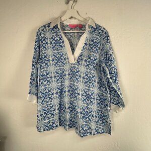 Isaac Mizrahi Womens Blue White Floral Linen Tunic Top Medium 4/5 Sleeve Casual